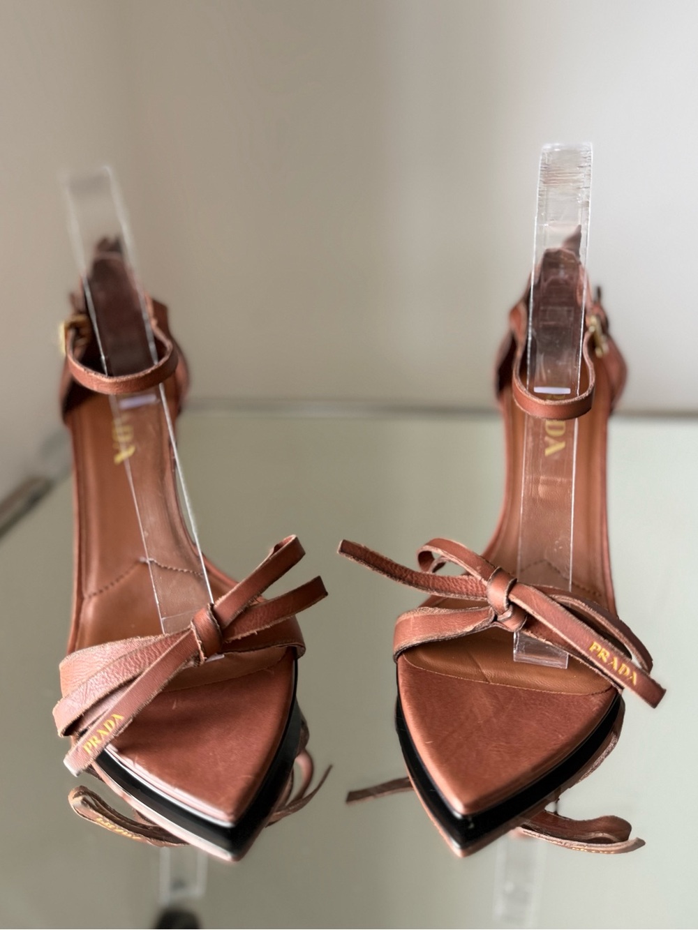 Prada Tan Leather Pointed-Toe Ankle-Strap Heels with Bow